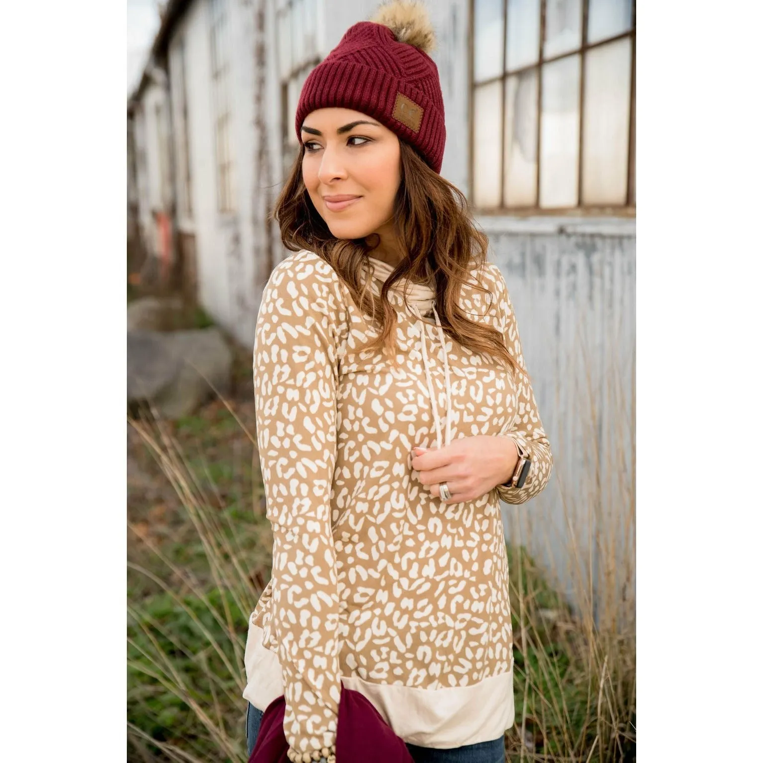 Cheetah Solid Trimmed Cowl Neck